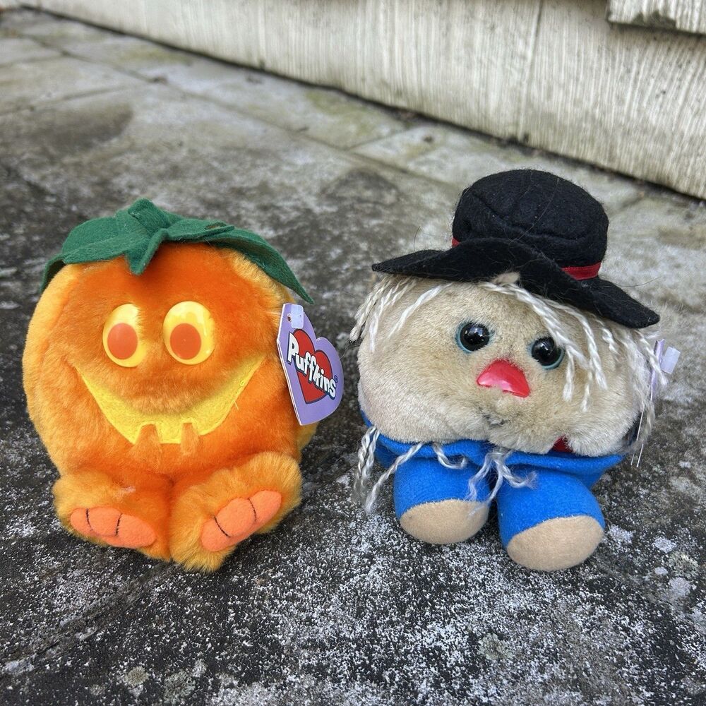 Vintage SWIBCO Puffkins Jack Pumpkin & Patches Scarecrow Mini Plush Lot 1999